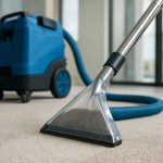 Close-up of a carpet cleaning tool and vacuum on a carpeted floor in a well-lit room.